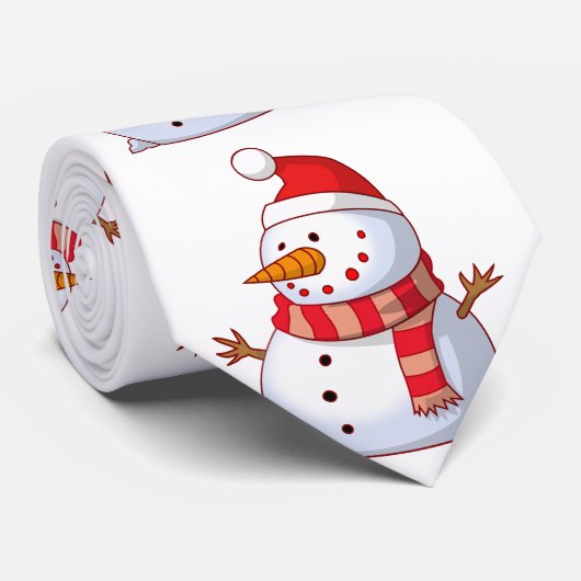 赤いスカーフの赤い帽子をかぶった可愛い雪だるま ネクタイ (ロール)