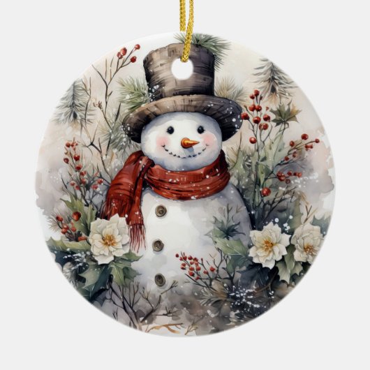 赤いスカーフの雪だるま セラミックオーナメント (正面)