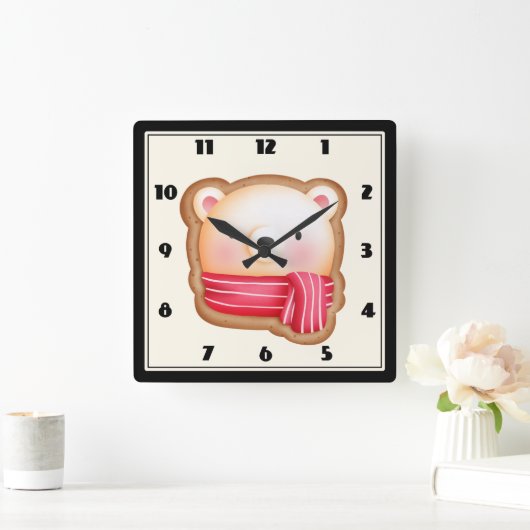 赤いスカーフの顔クッキーにカワイイベア スクエア壁時計 (ホーム)