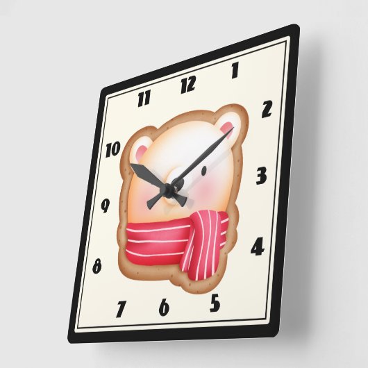 赤いスカーフの顔クッキーにカワイイベア スクエア壁時計 (傾斜)
