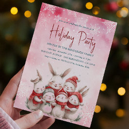 赤いスカーフピンクのホリデーパーティインビタット付きバンニー 招待状