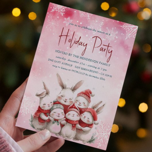 赤いスカーフピンクのホリデーパーティインビタット付きバンニー 招待状