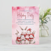 赤いスカーフピンクのホリデーパーティインビタット付きバンニー 招待状 (スタンド正面)