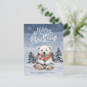 赤いスカーフフラットクリスマスと居心地の良いポーラベア シーズンポストカード (スタンド正面)