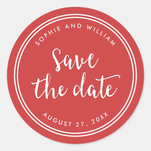赤いスクリプトと白いストライプでSave the Date ラウンドシール (正面)