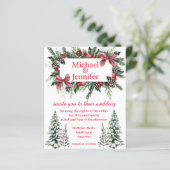 赤いスクリプトのクリスマスグリーン結婚式招待状 (スタンド正面)