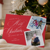 赤いスクリプトのクリスマス写真カード 2枚の写真の組み合わせ シーズンカード
