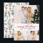 赤いスクリプト緑3 Photo Collageクリスマスカード シーズンカード<br><div class="desc">冬のモダン葉緑の赤い書道のスクリプエレガントト3写真コラージュのクリスマスカード。このフェスティバル、ミニマリスト、3つ(3)の写真の休日のグリーティングカードかわいらしは、赤の筆記体の手書きフォントタイプで書は、フォトコラージュ「メリークリスマス」グリーティング文字を備えている。裏側の水色の冬の植物の緑の葉、ユーカリ葉の、果実、松の葉や枝。冬のかわいらし休暇シーズンの家族と友人のためのグリーティングカード。</div>