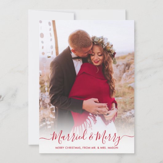 赤いスクリプト1枚の写真とメリー結婚したクリスマス シーズンカード (正面)