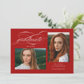 赤いスクリプトQRコード3写真卒業パーティー 招待状 (スタンド正面)