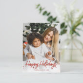 赤いスクリプユニークト写真ハッピーホリデイズクリスマス ポストカード (スタンド正面)