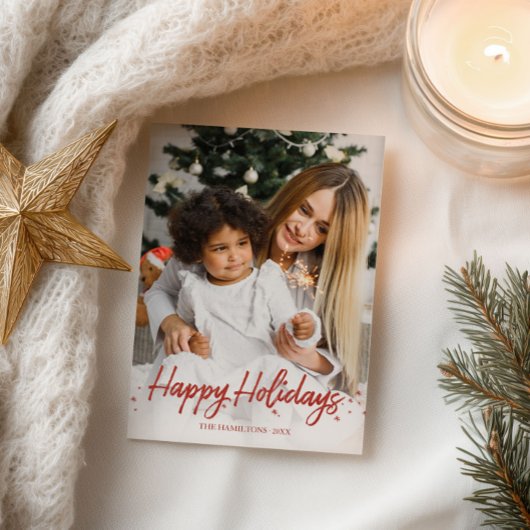 赤いスクリプユニークト写真ハッピーホリデイズクリスマス ポストカード