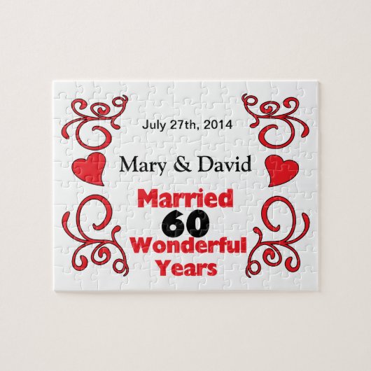 赤いスクロール及びハートの名前は及び60 Yr記念日に日付を記入します ジグソーパズル (横)
