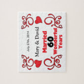 赤いスクロール及びハートの名前は及び60 Yr記念日に日付を記入します ジグソーパズル (縦)