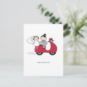 赤いスクーターで花嫁と花婿。の結婚名刺 ポストカード (スタンド正面)