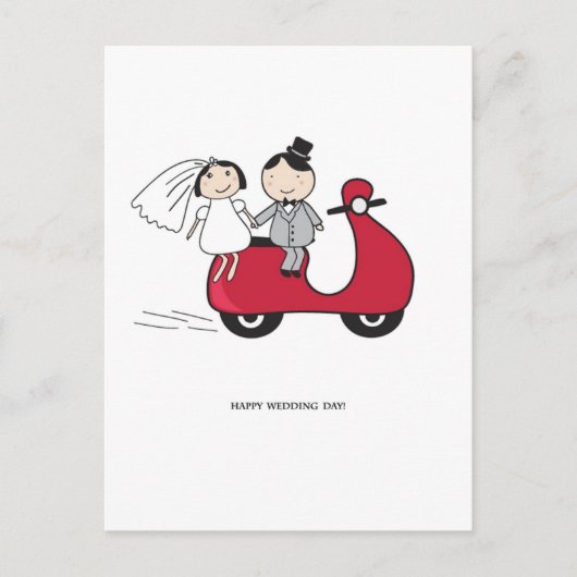 赤いスクーターで花嫁と花婿。の結婚名刺 ポストカード (正面)