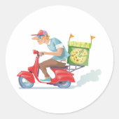 赤いスクーターに乗ったピザの配達員 ラウンドシール (正面)