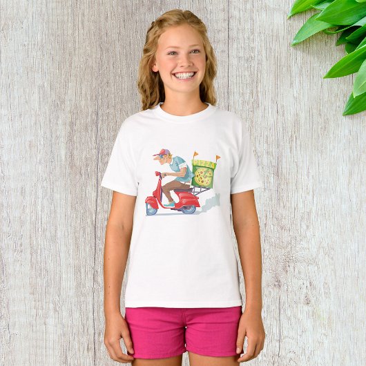 赤いスクーターに乗ったピザの配達員 Tシャツ
