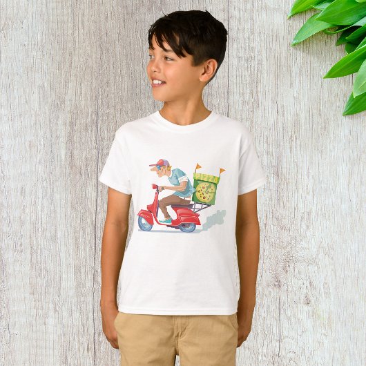 赤いスクーターに乗ったピザの配達員 Tシャツ