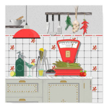 赤いスケイタリアンールとアスパラガスを持つキッチン