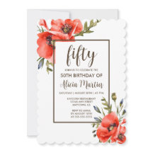 赤いスタイリッシュポピーの花50th誕生日招待状