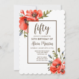 赤いスタイリッシュポピーの花50th誕生日招待状 招待状