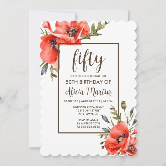 赤いスタイリッシュポピーの花50th誕生日招待状 招待状 (正面)