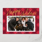 赤いスタイリッシュ格子模様のホイルホリデーカード 箔シーズンカード (正面)