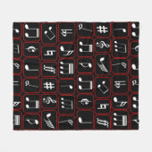 赤いスタイリッシュ白黒のジオメトリック音楽ノート フリースブランケット (正面(横))