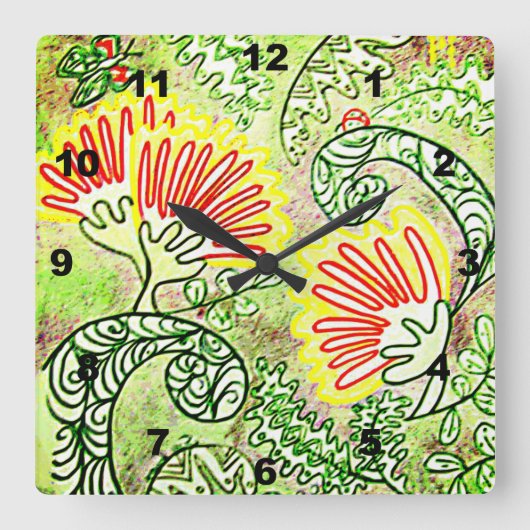 赤いスタイ化されたクリスマスツリーの花 スクエア壁時計 (正面)