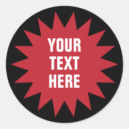 赤いスターバストまたは太陽のバースト形状と文字 ラウンドシール