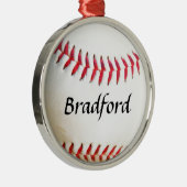 赤いステッチで白い野球に名前を追加 メタルオーナメント (右)