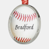 赤いステッチで白い野球に名前を追加 メタルオーナメント (左)