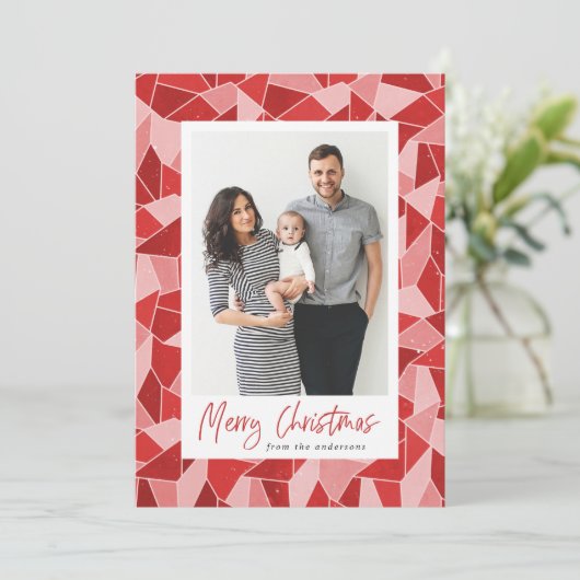 赤いステンドグラスモダンメリークリスマスフォト シーズンカード (スタンド正面)