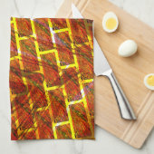 赤いステンドスクラッチ、金ゴールドグリッドまたはレンガ効果 キッチンタオル (四つ折り)