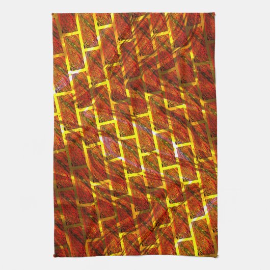 赤いステンドスクラッチ、金ゴールドグリッドまたはレンガ効果 キッチンタオル (縦)