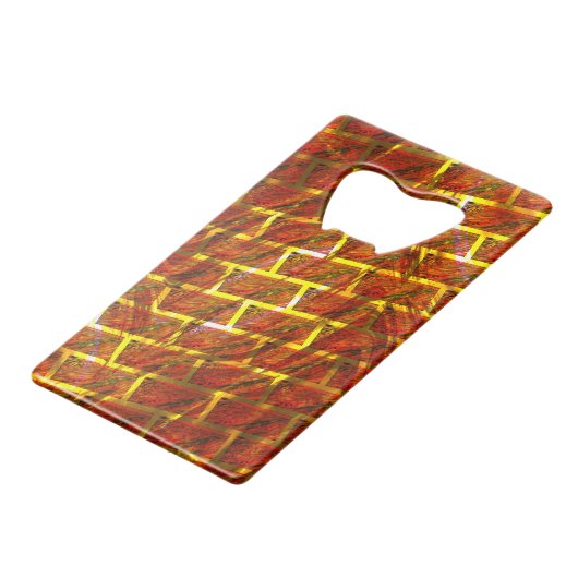 赤いステンドスクラッチ、金ゴールドグリッドまたはレンガ効果 クレジットカード栓抜き (正面アングル)