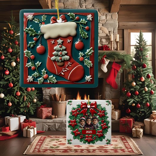 赤いストッキングクリスマスのカスタマイズ セラミックオーナメント