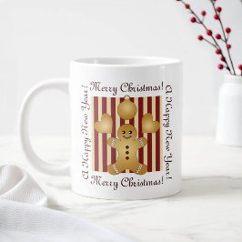赤いストライプのかわいいジンジャーブレッドマンクリスマス ジャンボコーヒーマグカップ