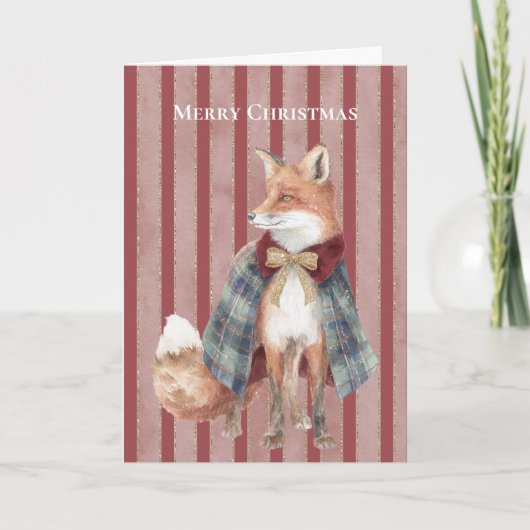 赤いストライプのキツネ クリスマス カード (正面)
