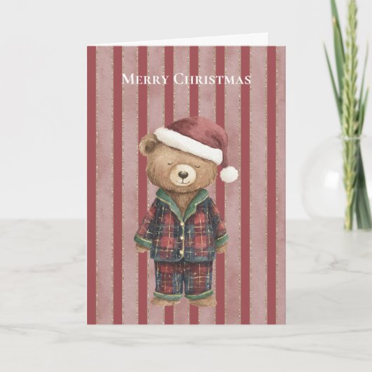 赤いストライプのクマのクリスマス カード (正面)