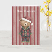 赤いストライプのクマのクリスマス カード (黄色い花)