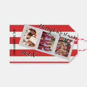 赤いストライプのクリスマス 3枚の写真 三つのフォト ギフトタグ (正面(横))