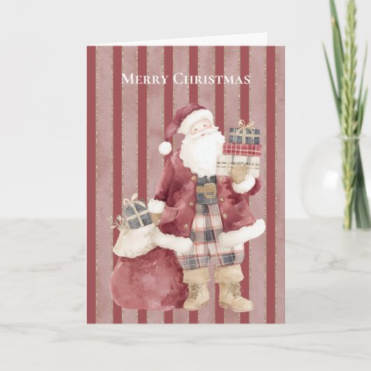 赤いストライプのサンタのプレゼント クリスマス カード (正面)