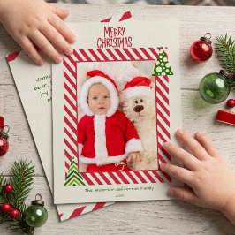赤いストライプのフレームの赤ちゃんのクリスマス 写真 シーズンカード