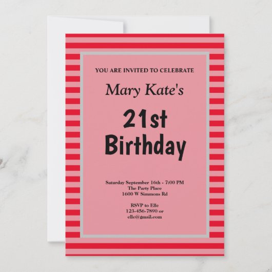 赤いストライプのフレーム付き誕生日パーティー 招待状 (正面)