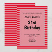 赤いストライプのフレーム付き誕生日パーティー 招待状 (正面/裏面)