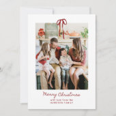 赤いストライプの家族の写真クリスマスカード 招待状 (正面)
