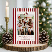 赤いストライプの家族の写真クリスマスカード 招待状