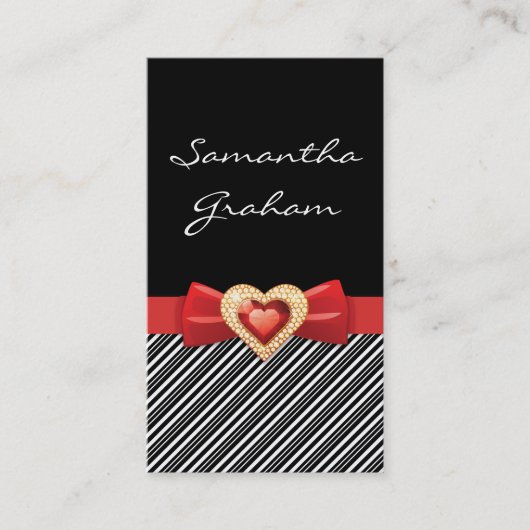 赤いストライプの弓と宝石の白黒模様 名刺 (正面)